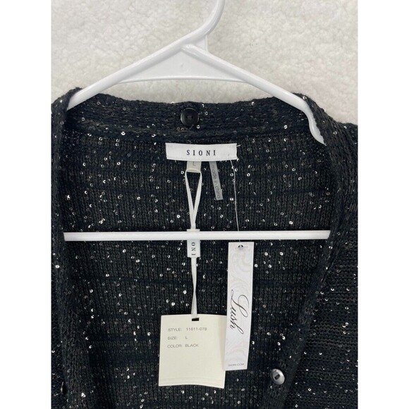 Sioni Sequin Cardigan Women’s Size L Long Sleeve Open Front Black Sparkle NWT - Picture 6 of 9